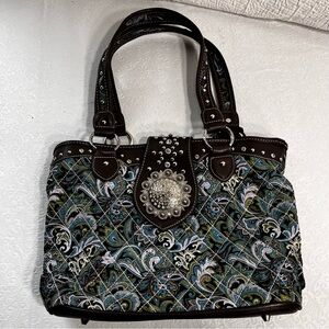 Montana West Western Purse Handbag Concho Turquoise Paisley Print Silver Cowgirl